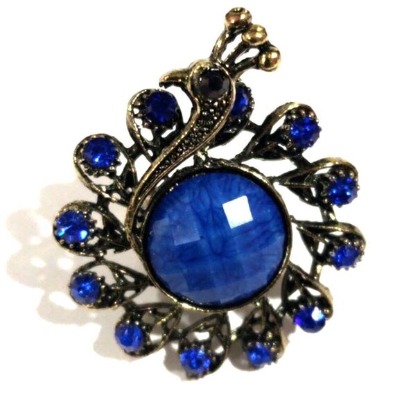 Vintage Peacock Ring – Blue Gemstones & Center Stone – Adjustable Women Jewelry - Picture 3 of 10